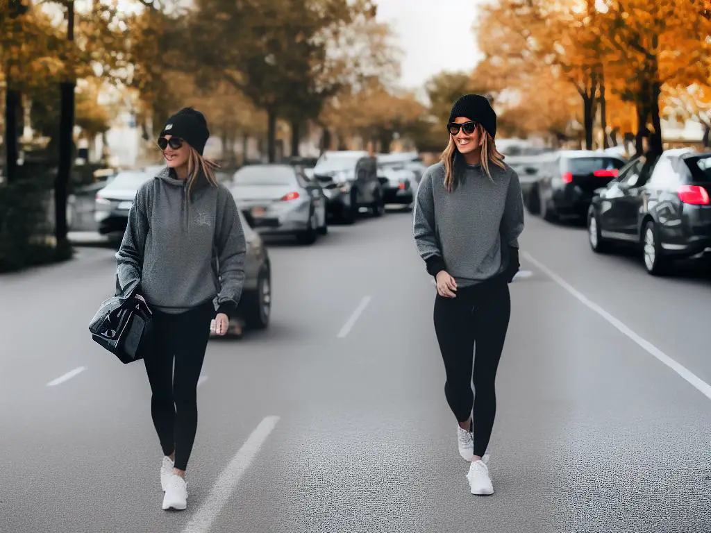 A woman wearing stylish athleisure clothing while walking confidently down the street.