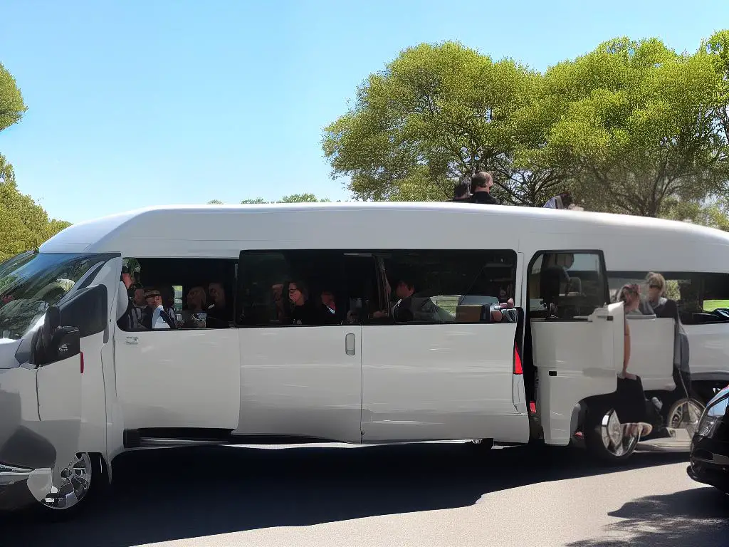 A group of tourists riding in a van with large windows, looking out at celebrity homes on a sunny day.