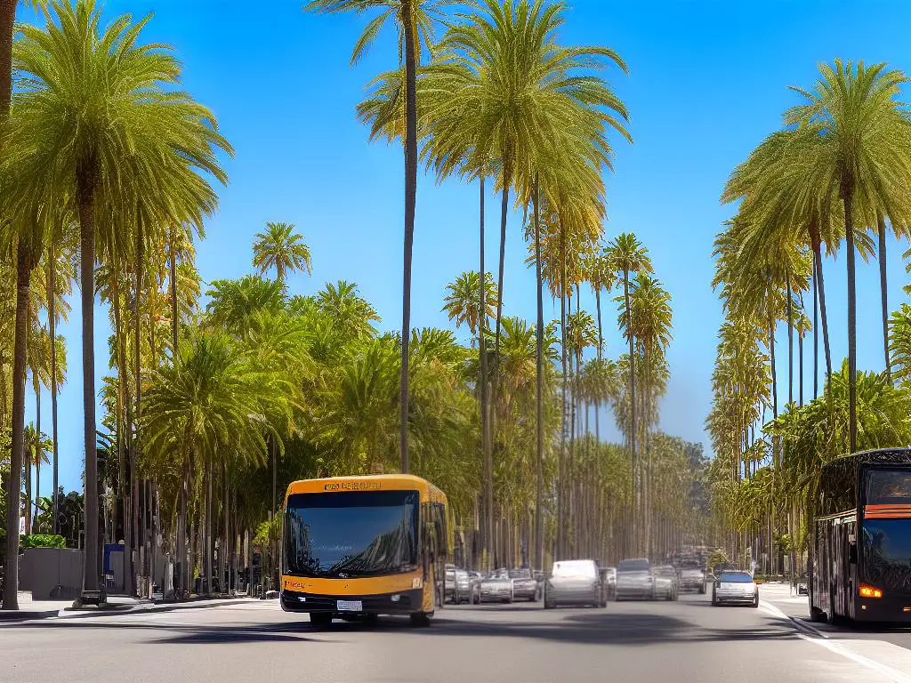 A bus driving down a street in Beverly Hills, with large mansions and palm trees lining the road.