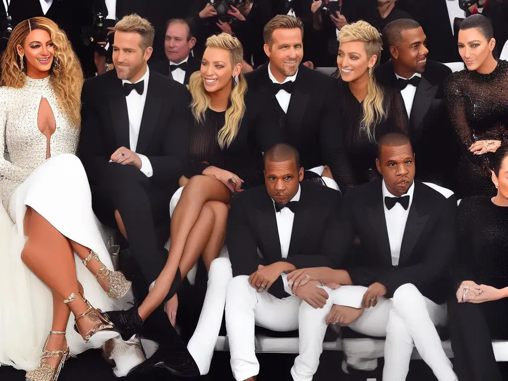 A picture of four couples - Beyoncé and Jay-Z, Kim Kardashian and Kanye West, Blake Lively and Ryan Reynolds, and Ellen DeGeneres and Portia de Rossi - each looking lovingly at each other, wearing fashionable clothes.