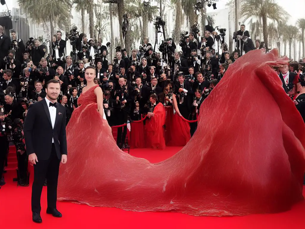 An artist standing on the red carpet, wearing a dress made of raw meat.