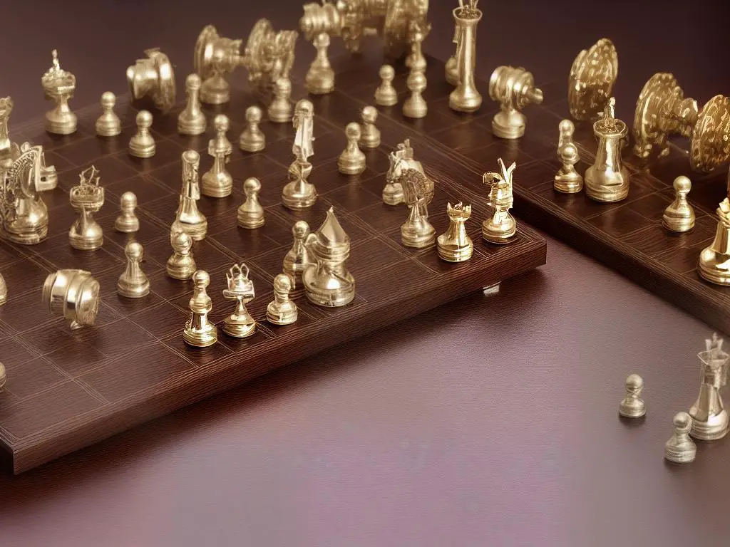 A stunning image of a metal chess set with intricate designs and details displayed on a wooden board, showcasing the beauty and elegance of metal chess pieces.