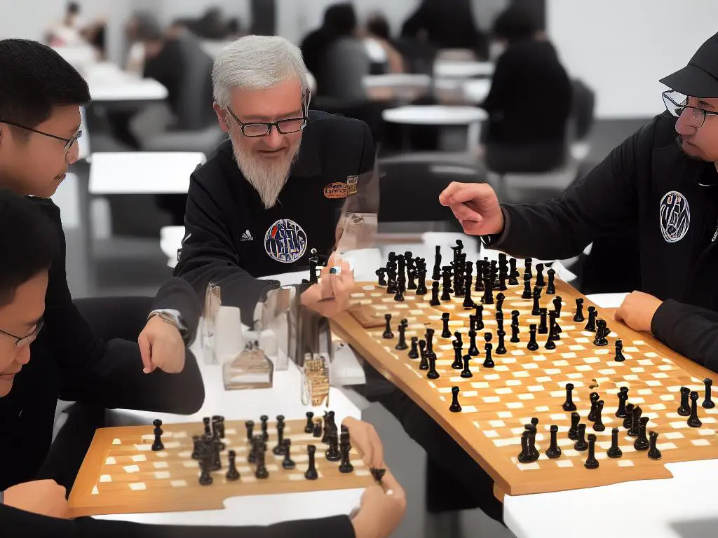 Two people playing a game of bullet chess on a board with a timer, showing the fast pace and quick decisions required in the game.