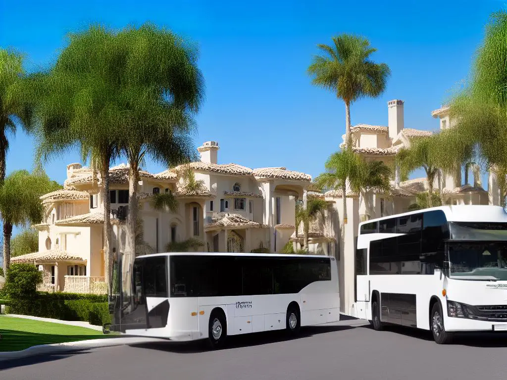 A tour bus driving through a luxurious neighborhood filled with mansions and estates.
