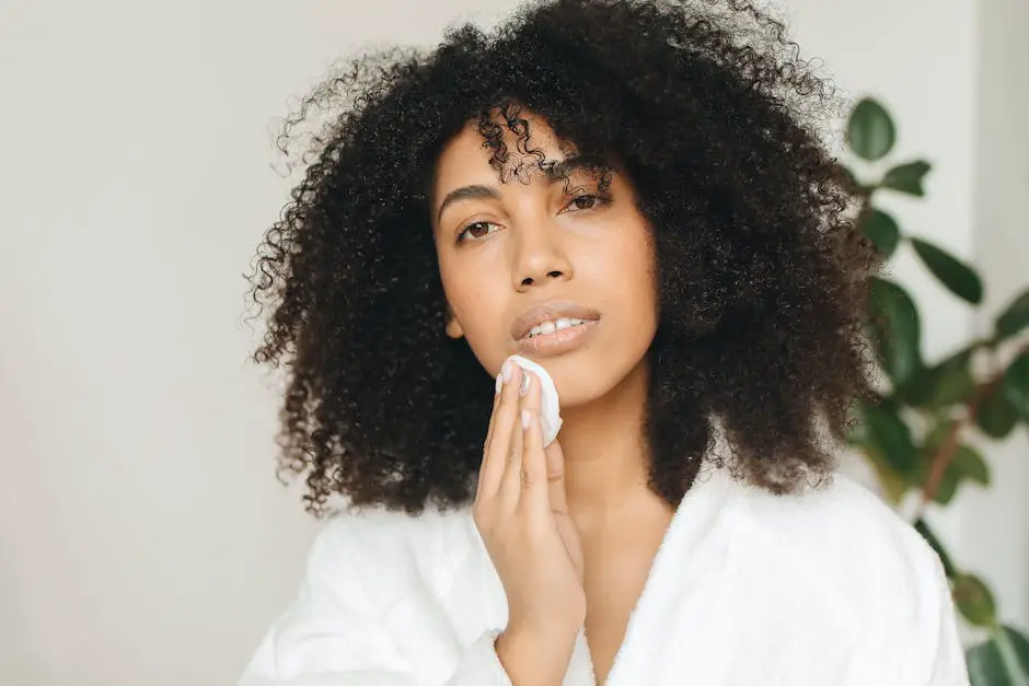 A woman cleansing her face with a cotton pad. She is smiling and looks happy.