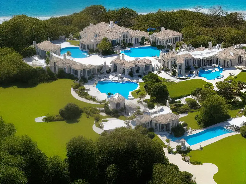 A group of large and expensive celebrity mansions with unique designs and architectural styles set in picturesque landscapes.