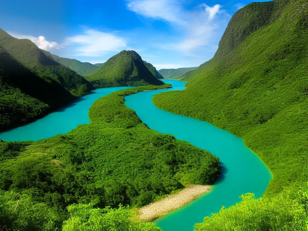 A picture of a river with clear blue water and greenery on both sides. The image represents the evolution of celebrity philanthropy, where celebrities use their resources and status to create a positive impact on society like the river that continues to flow and create a lasting difference.