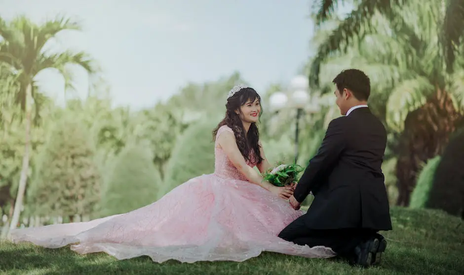 A happy couple walking under a floral archway, surrounded by their wedding guests and a stunning outdoor landscape.