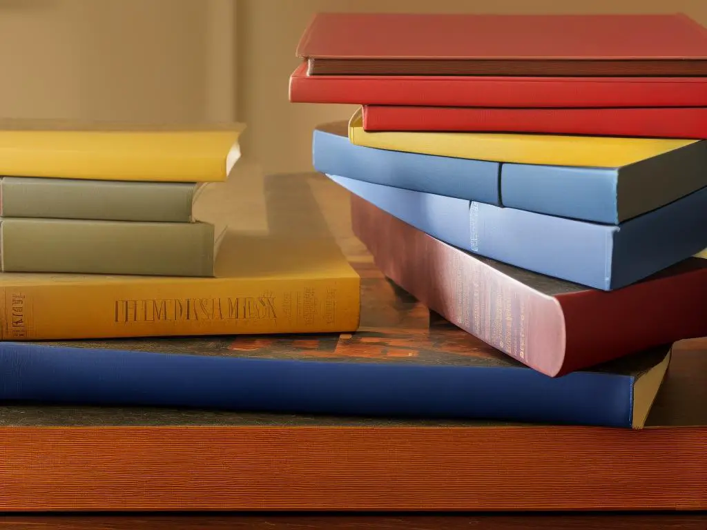 A stack of chess books, all with different colored covers and titles, sitting on a wooden surface.