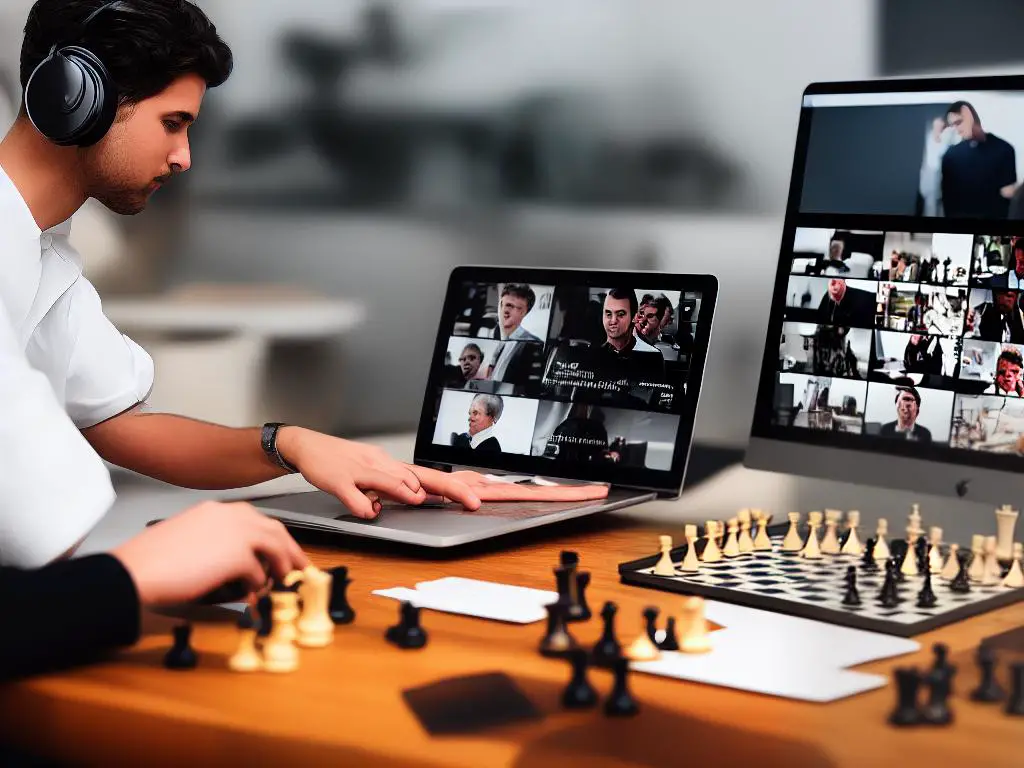 A person playing chess with a computer, while on a video call with another person in a chess club. A chessboard and pieces can be seen on the table. A laptop and headphones are also visible.