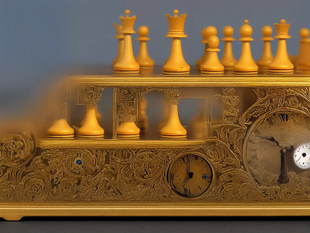 Image of a chess clock, featuring a pair of mechanical clocks with dials to enforce time controls.