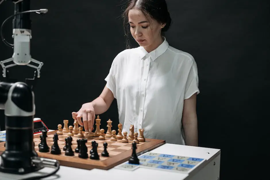 Two people playing electronic chess with a board that displays the game using LED lights and special pieces with sensors.