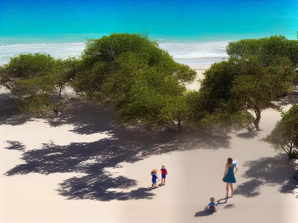 A picture of a woman enjoying a private beach at an exclusive resort with her family.