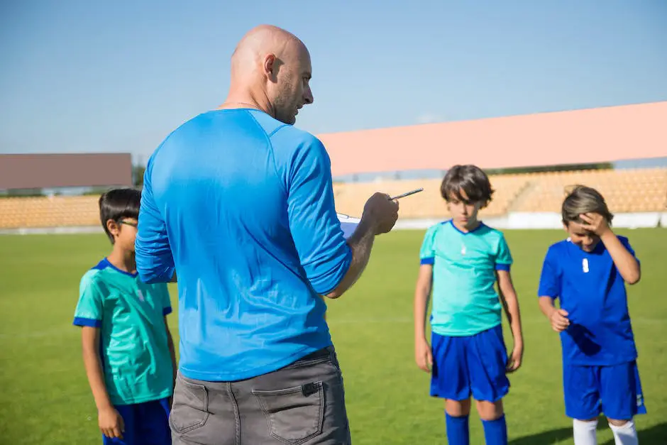 Illustration of a football coach giving instructions to his players on the sidelines.