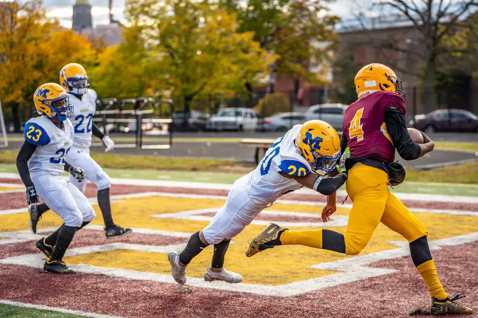 A football player making a tackle on a ball carrier.