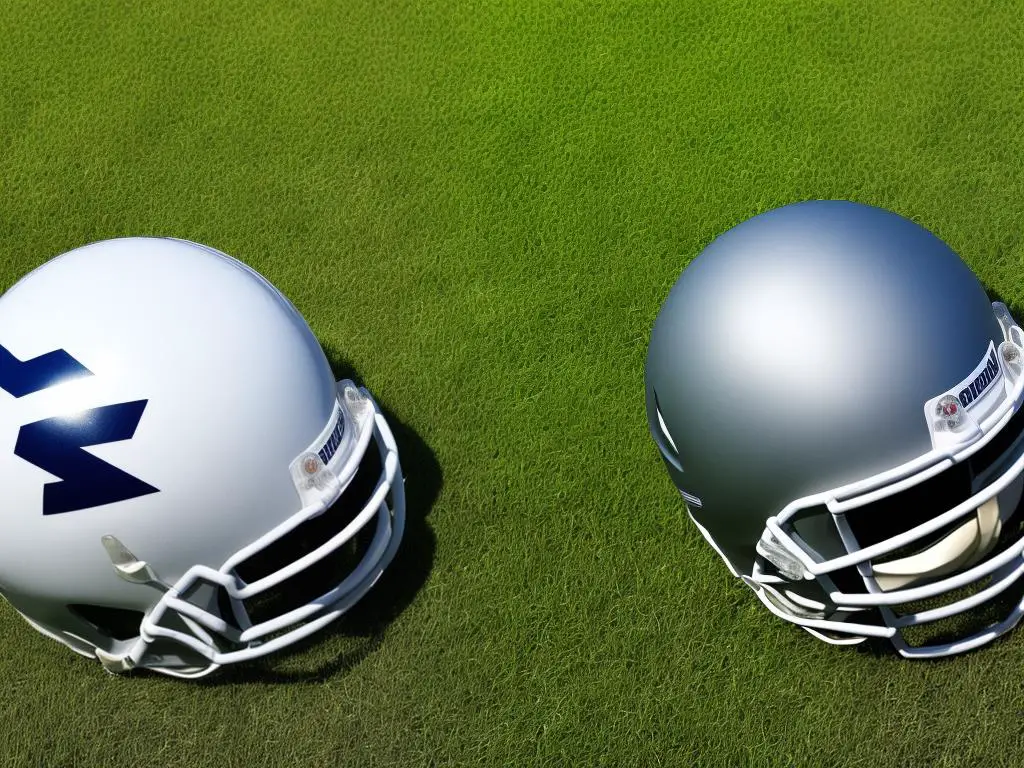 A football helmet with a faceguard next to it on the grass