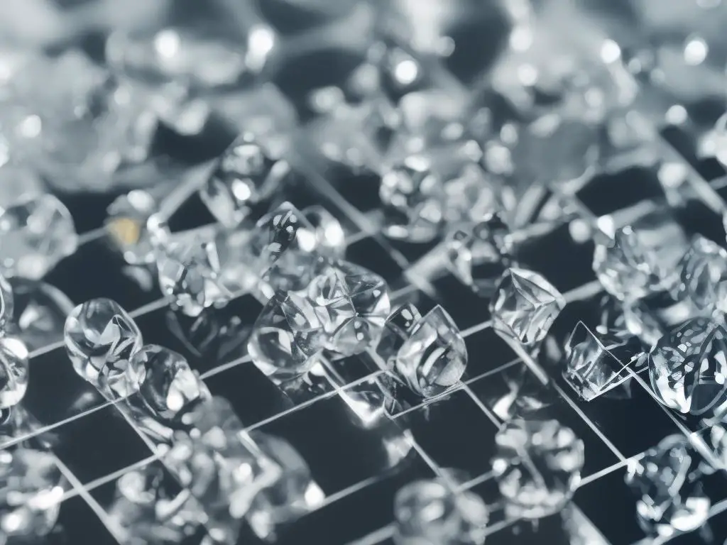 A close-up of a glass chess set with transparent pieces on a shiny board reflecting light and luxury.