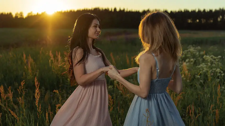 The image shows Gigi and Bella standing together in elegant dresses. They both have their hair swept to the side and Gigi has one hand on Bella's shoulder while they both look towards the camera with serious expressions.