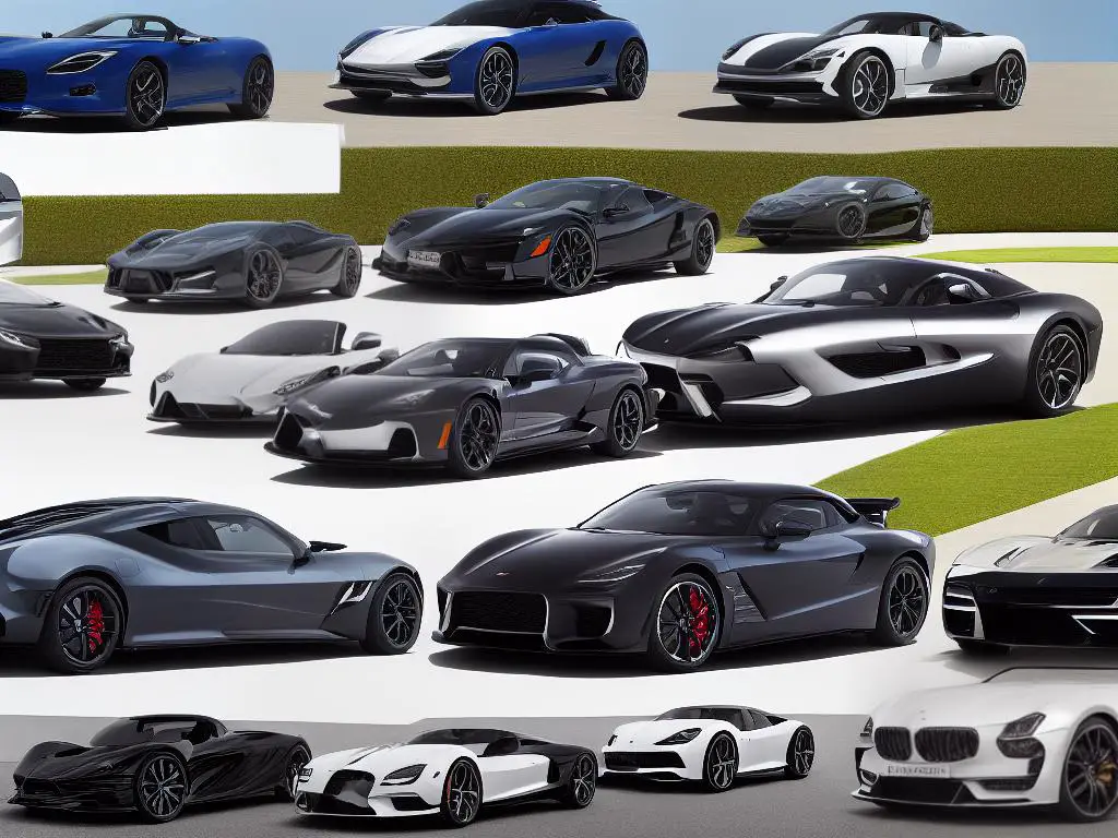 An image of a collection of luxurious cars owned by celebrities, featuring unique designs, extravagant finishes, and advanced technology.