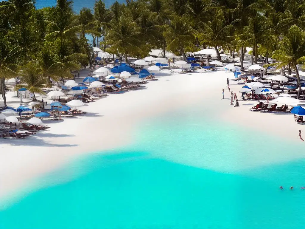 People relaxing on a luxurious beach resort with clear blue waters and white sands, surrounded by palm trees.