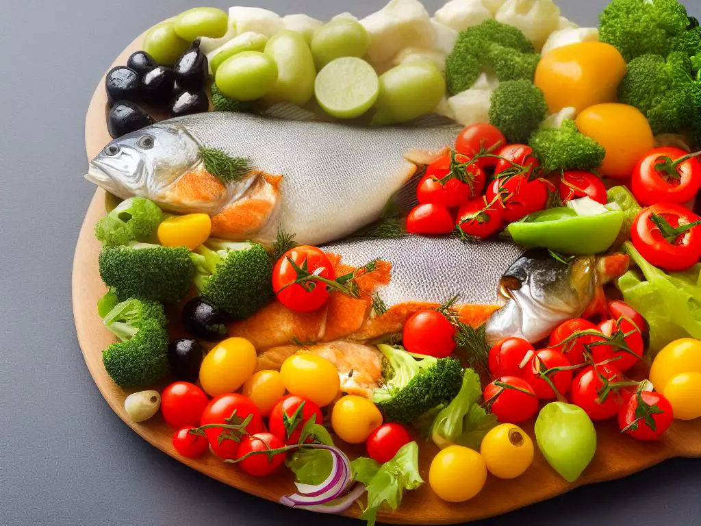 A plate of food representing the Mediterranean diet, with colorful vegetables, olives, and fish.
