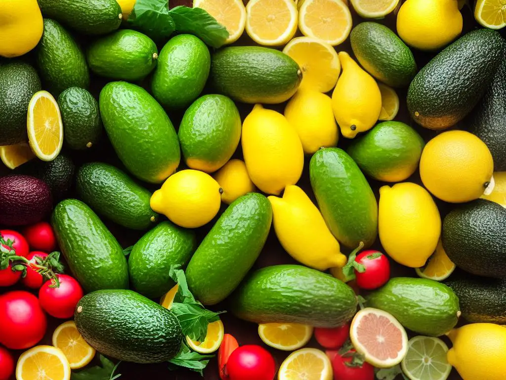 A picture of several fruits and vegetables such as avocado, cucumber and lemons surrounding several jars and containers with natural ingredients for skin care