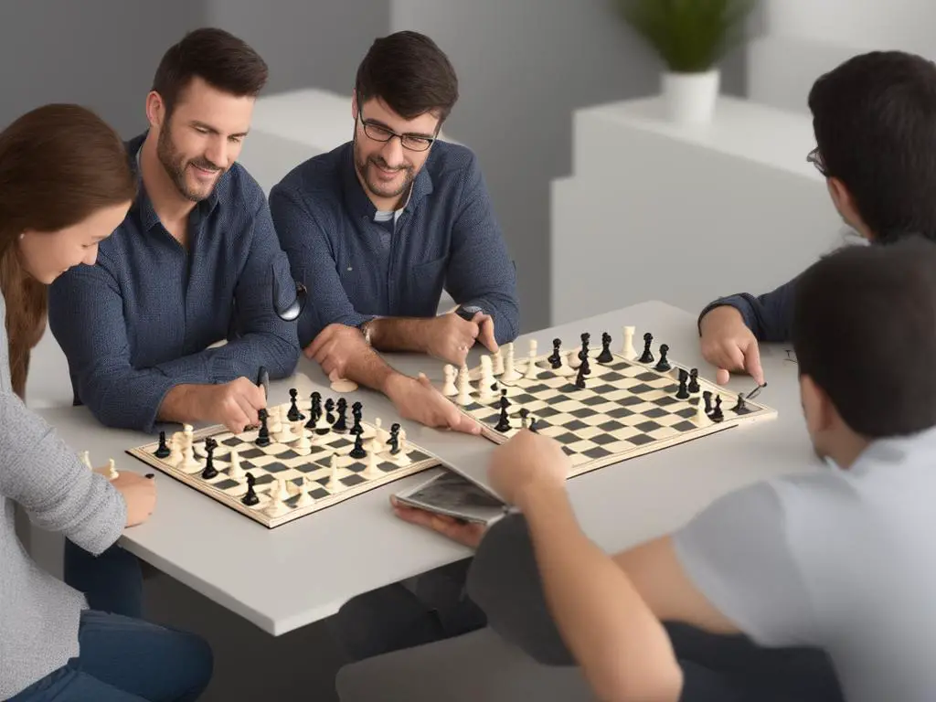 Two people playing chess with a laptop displaying a chessboard in the foreground