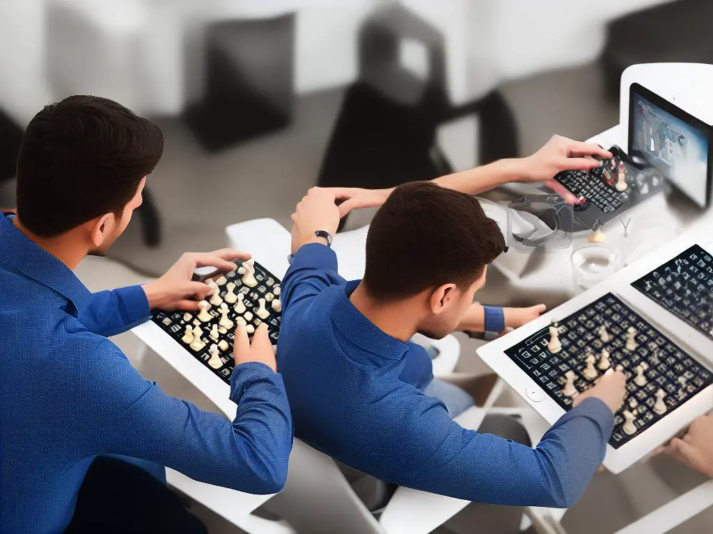 Two people playing chess online on their respective devices with a chessboard in the background.