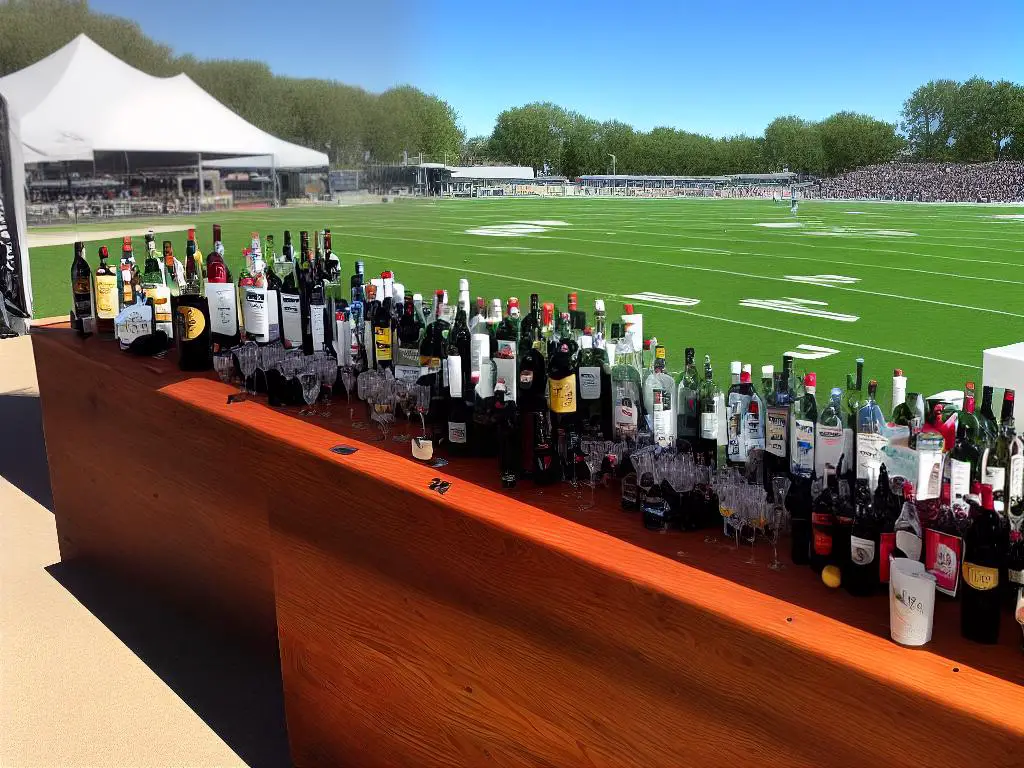 A picture of a portable bar set up at a football tailgating event. It includes bottles of alcohol, mixers, glasses, and ice displayed on a wooden tabletop with the football stadium in the background.