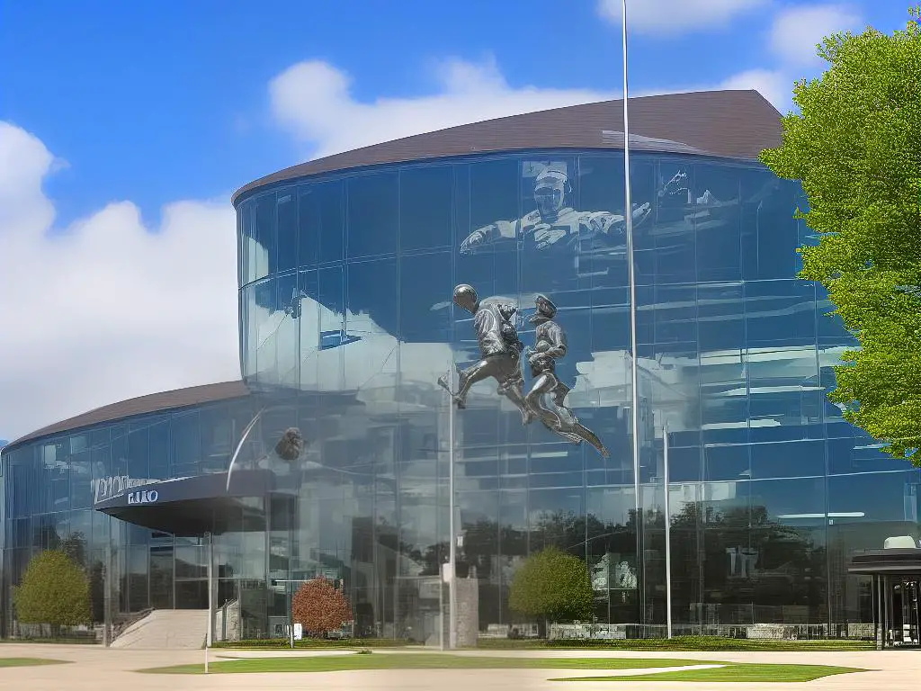 Pro Football Hall of Fame building with a large statue of a player in front, located in Canton, Ohio
