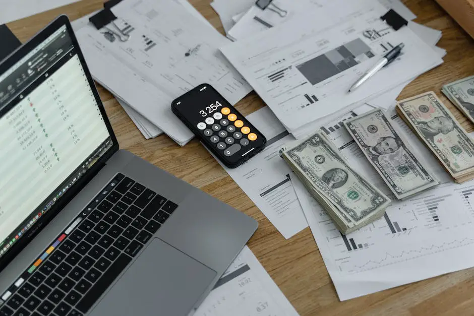 A man surrounded by stacks of money and documents, with a calculator and a pen in his hand, representing investment and money management.