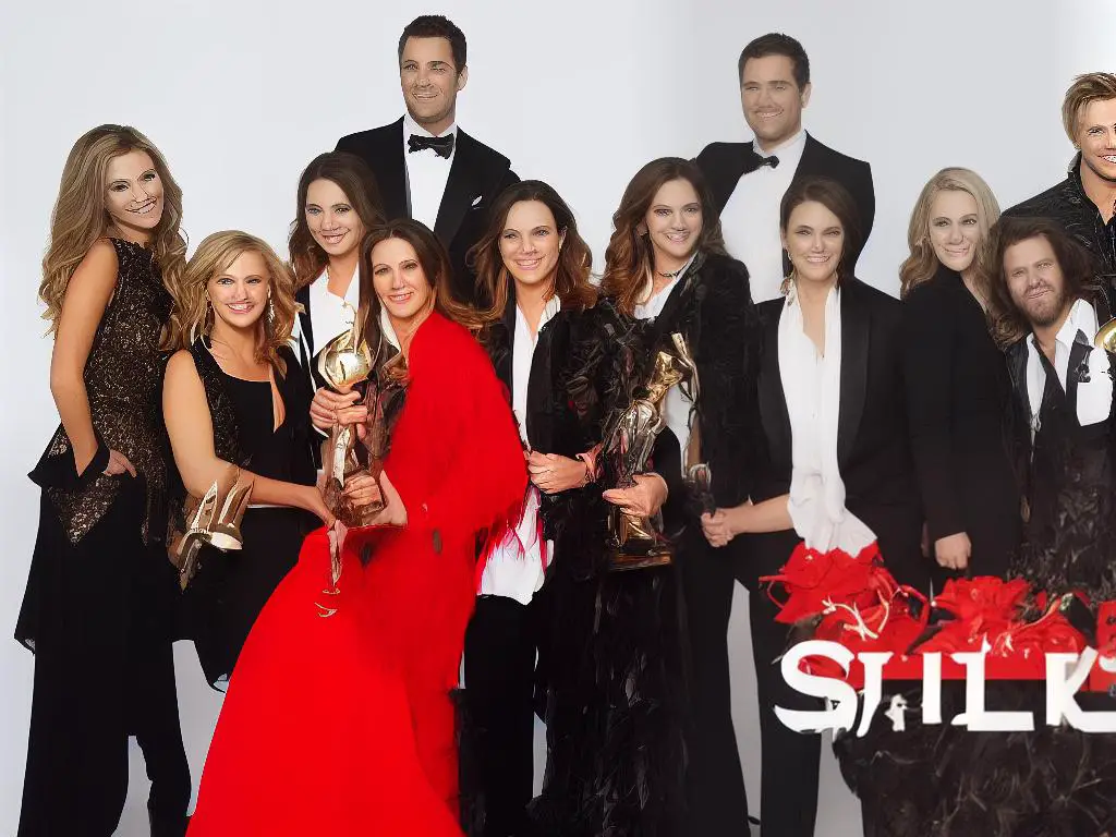 An image of the stars of the show posing in front of a white background with the show's title in red capital letters at the top.