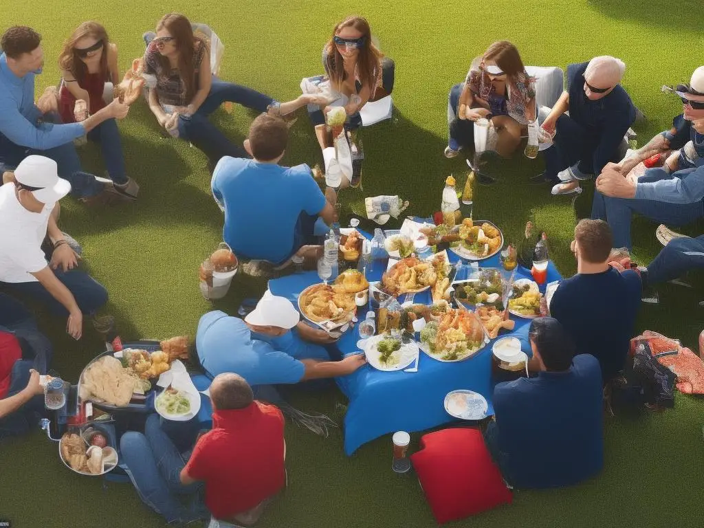 A group of friends gathered around a TV at a tailgate party, with a spread of food and drinks on a table nearby