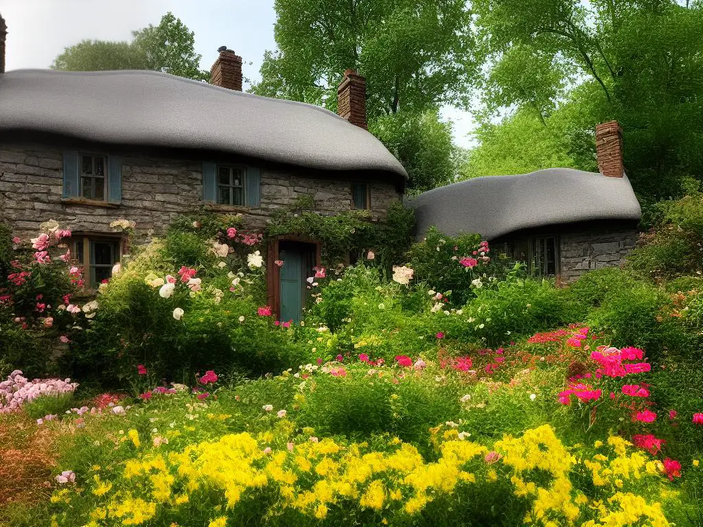 An image of a whimsical, storybook-style cottage that inspired the settings of popular fantasy films, surrounded by trees and flowers.