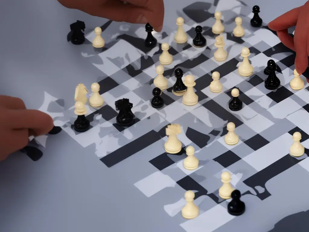 A chessboard with pieces lined up across it. Two human hands, one white and one black, hover over the pieces. The hands belong to two players whose heads are cut off by the edges of the photograph.
