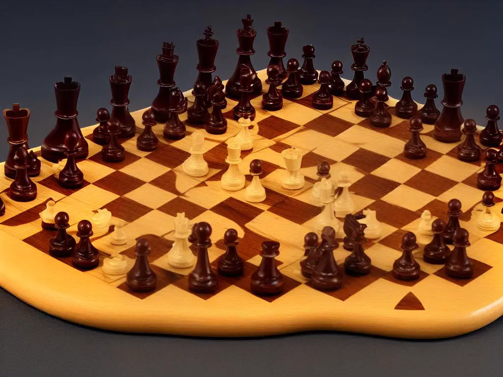 A wooden chess set with pieces carved from rosewood and a board with intricate geometric patterns.